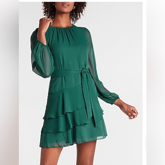 EXPRESS Long Sleeve Tie Waist Tiered Ruffle Fit And Flare Dress Small Green - Picture 1 of 14